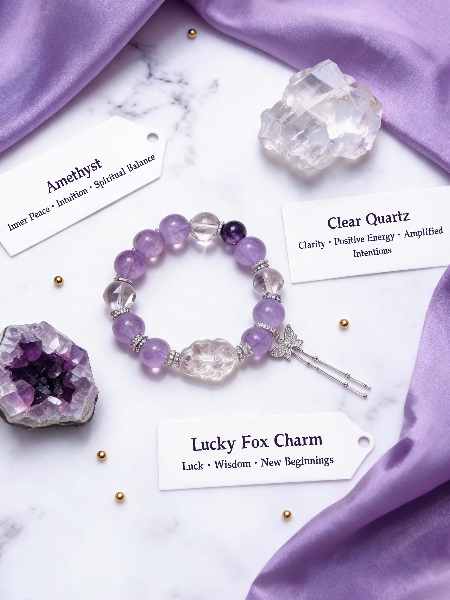 Macro close-up of fox charm with amethyst and clear quartz beads