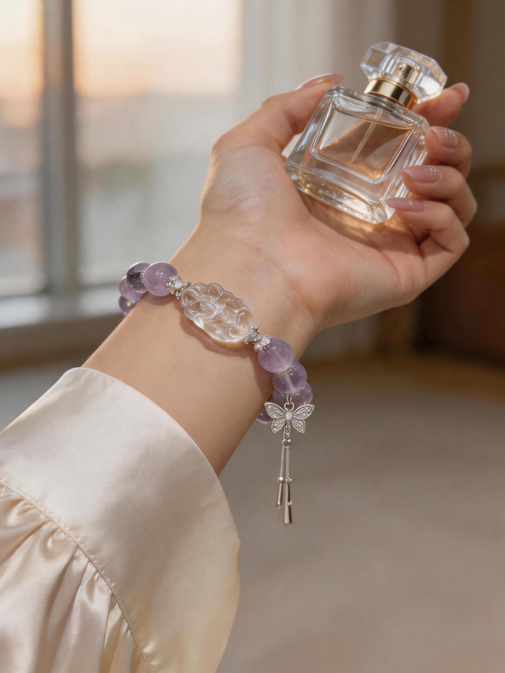 Wrist wearing fox charm amethyst bracelet, face out of frame