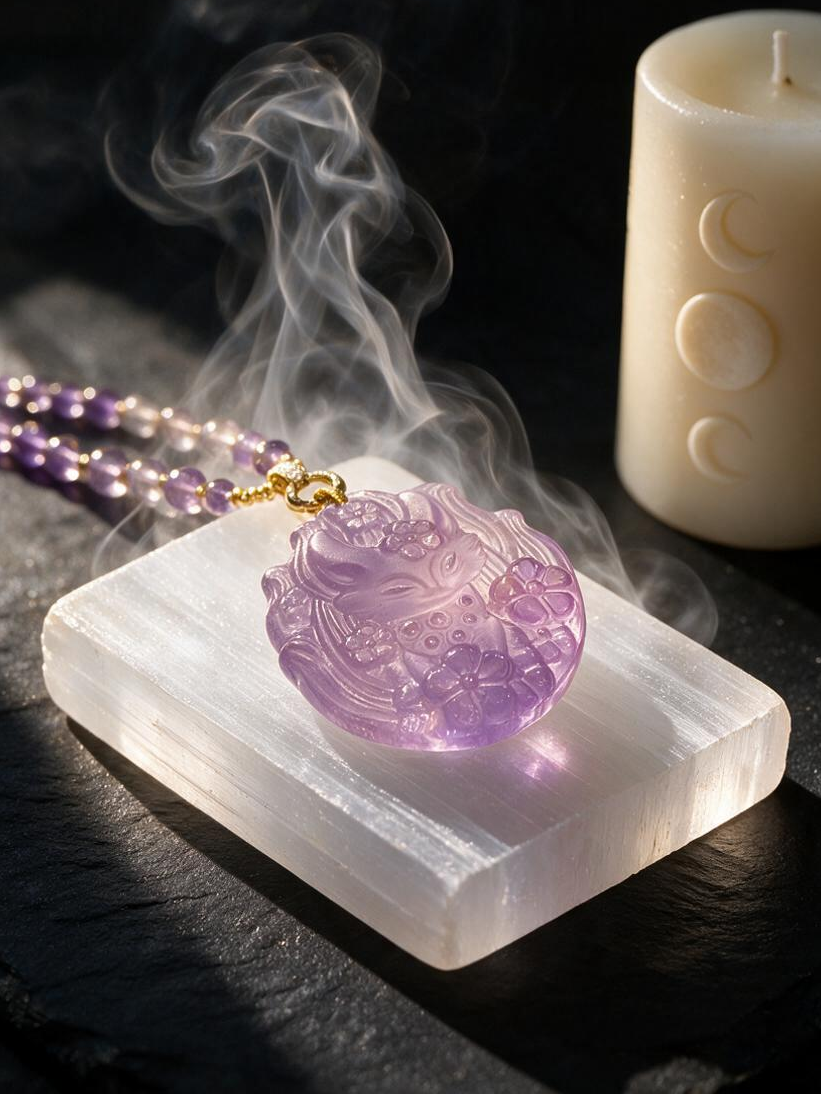 Natural Amethyst Fox Pendant on a selenite charging plate with palo santo and moon candle during a crystal cleansing ritual.