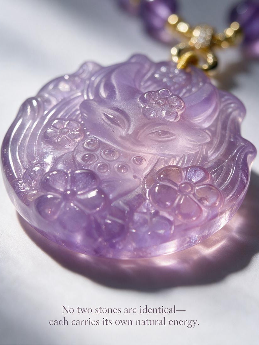 Close-up of natural Amethyst Fox Pendant showing authentic crystal texture, handcrafted healing crystal jewelry with unique mineral inclusions.
