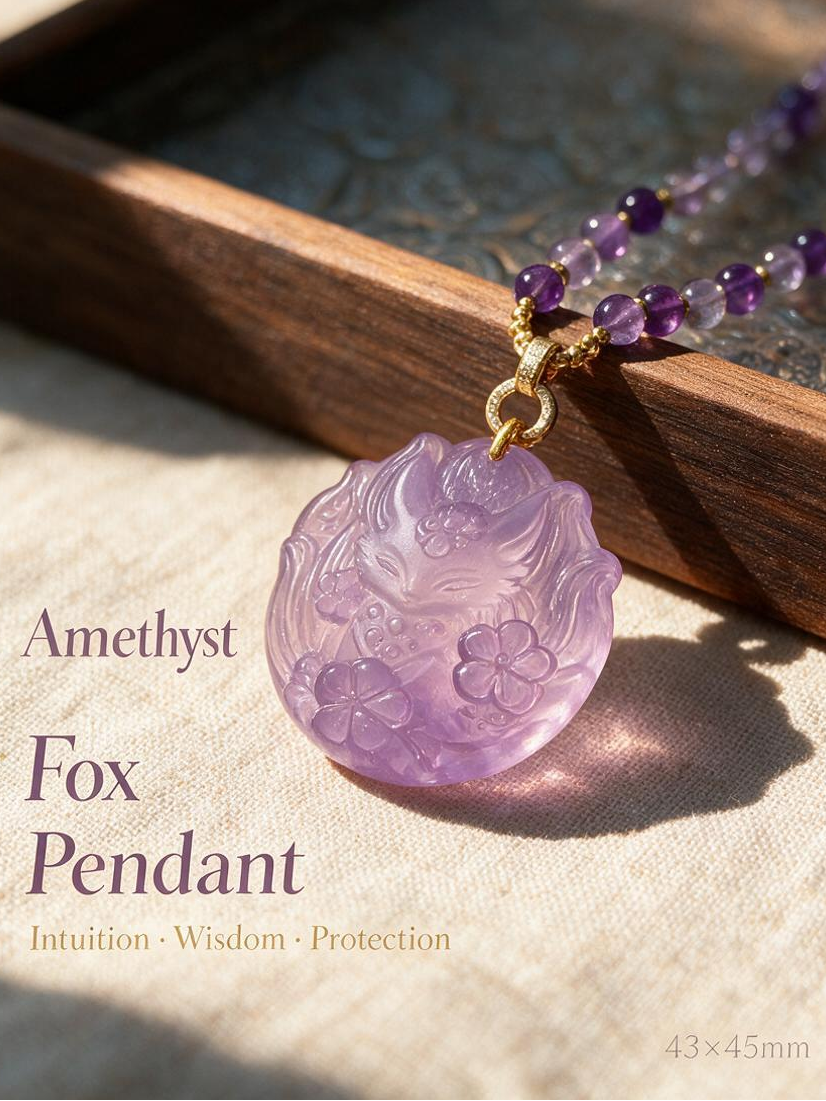 Natural Amethyst Fox Pendant on linen background with warm sunlight, handcrafted crystal jewelry for intuition, wisdom and spiritual protection.