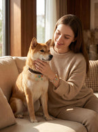 Shiba Inu wearing Pearl & Bloom leather pet collar
with Swarovski pearl and strawberry quartz crystal strand,
luxury crystal dog collar lifestyle photography