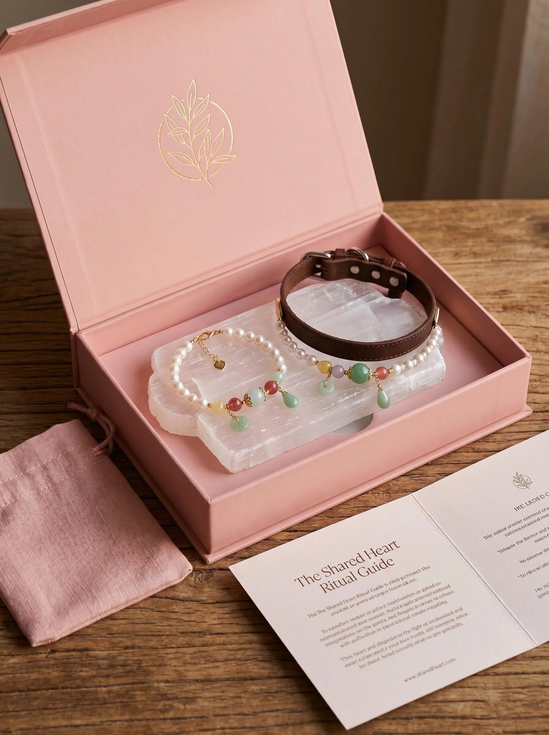 Pearl & Bloom matching set bracelet and pet collar
on white silk with fresh flowers and pearl accents,
human and pet heart chakra crystal matching set aesthetic