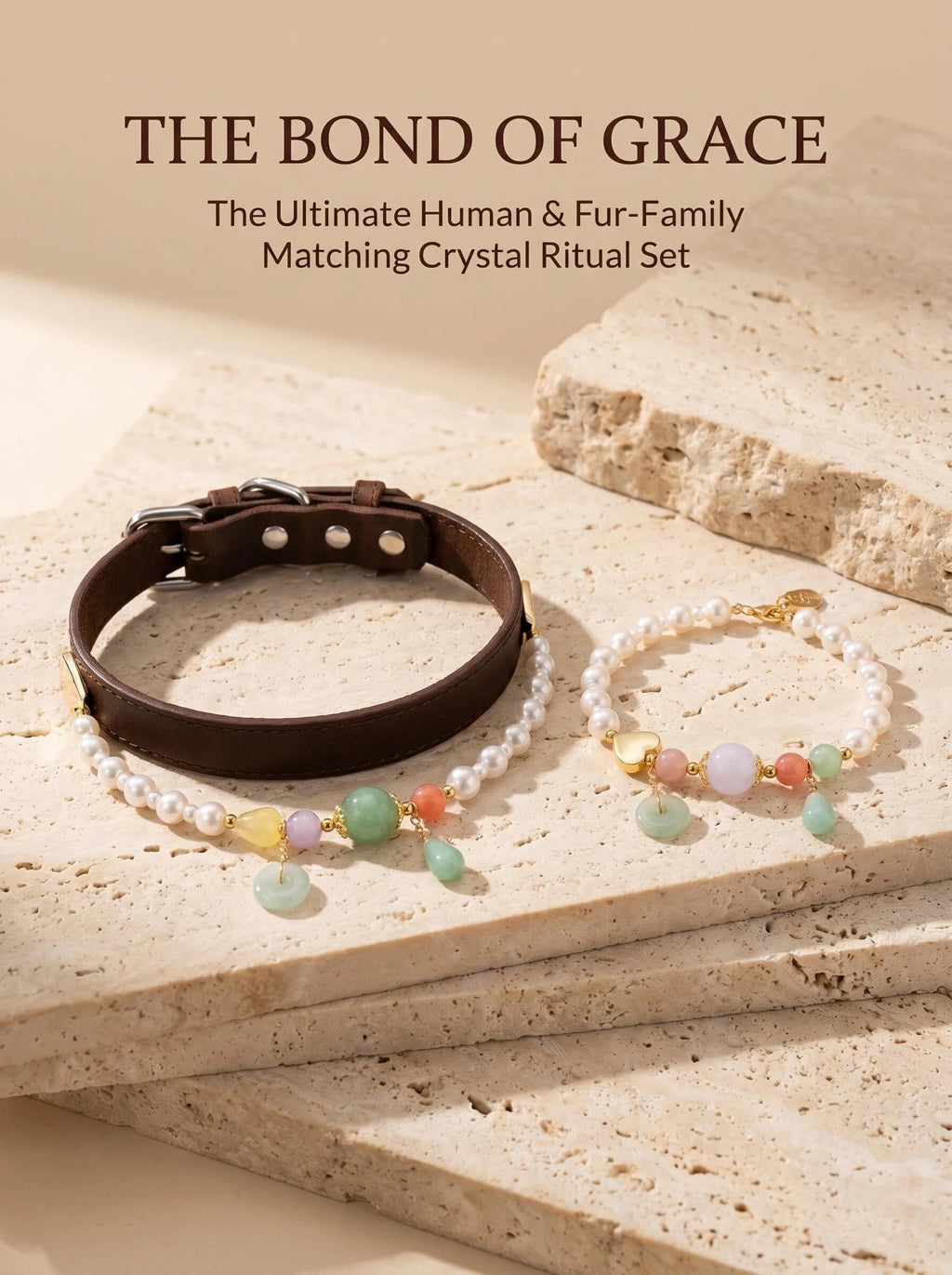 The Pearl & Bloom matching set with human crystal bracelet
and pet collar both showing Swarovski pearl
and strawberry quartz with green teardrop pendant,
human and pet grace matching crystal set flat lay