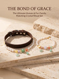 The Pearl & Bloom matching set with human crystal bracelet
and pet collar both showing Swarovski pearl
and strawberry quartz with green teardrop pendant,
human and pet grace matching crystal set flat lay