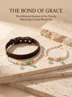 The Pearl & Bloom matching set with human crystal bracelet
and pet collar both showing Swarovski pearl
and strawberry quartz with green teardrop pendant,
human and pet grace matching crystal set flat lay