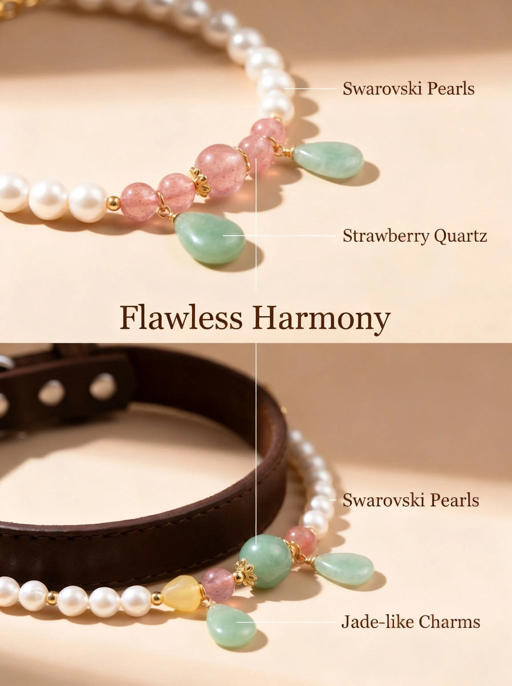 Pearl & Bloom bracelet and pet collar side by side
showing matching Swarovski pearl
red green strawberry quartz and teardrop pendant,
same heart chakra frequency for human and pet
