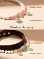 Pearl & Bloom bracelet and pet collar side by side
showing matching Swarovski pearl
red green strawberry quartz and teardrop pendant,
same heart chakra frequency for human and pet