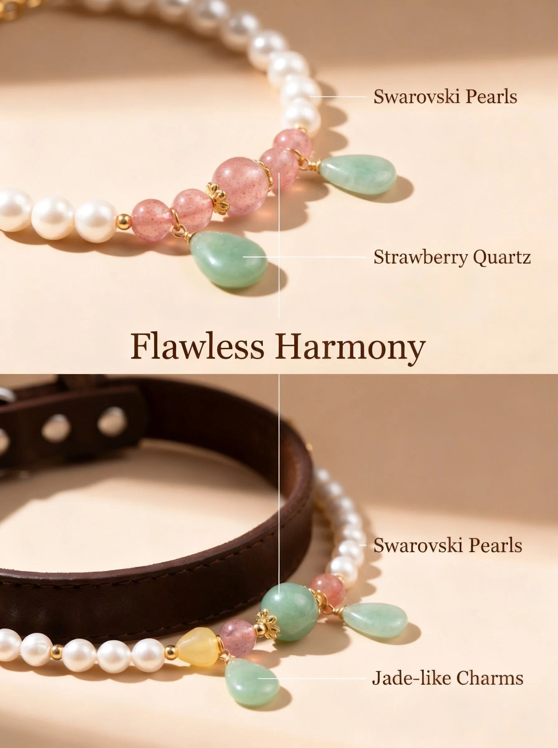 Pearl & Bloom bracelet and pet collar side by side
showing matching Swarovski pearl
red green strawberry quartz and teardrop pendant,
same heart chakra frequency for human and pet
