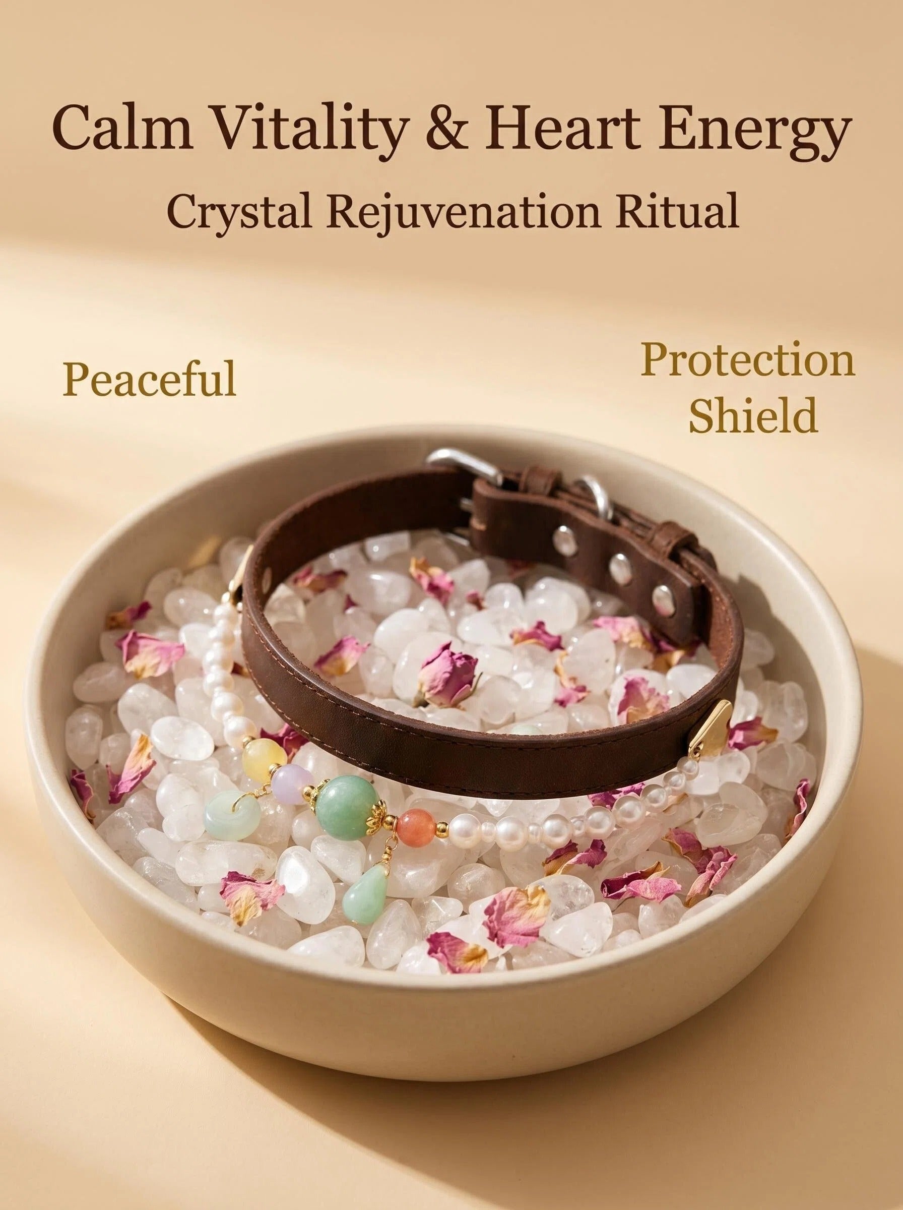 Pearl & Bloom pet collar on selenite charging plate
with white rose petals and clear quartz,
luxury crystal pet collar cleansing ritual soft tones