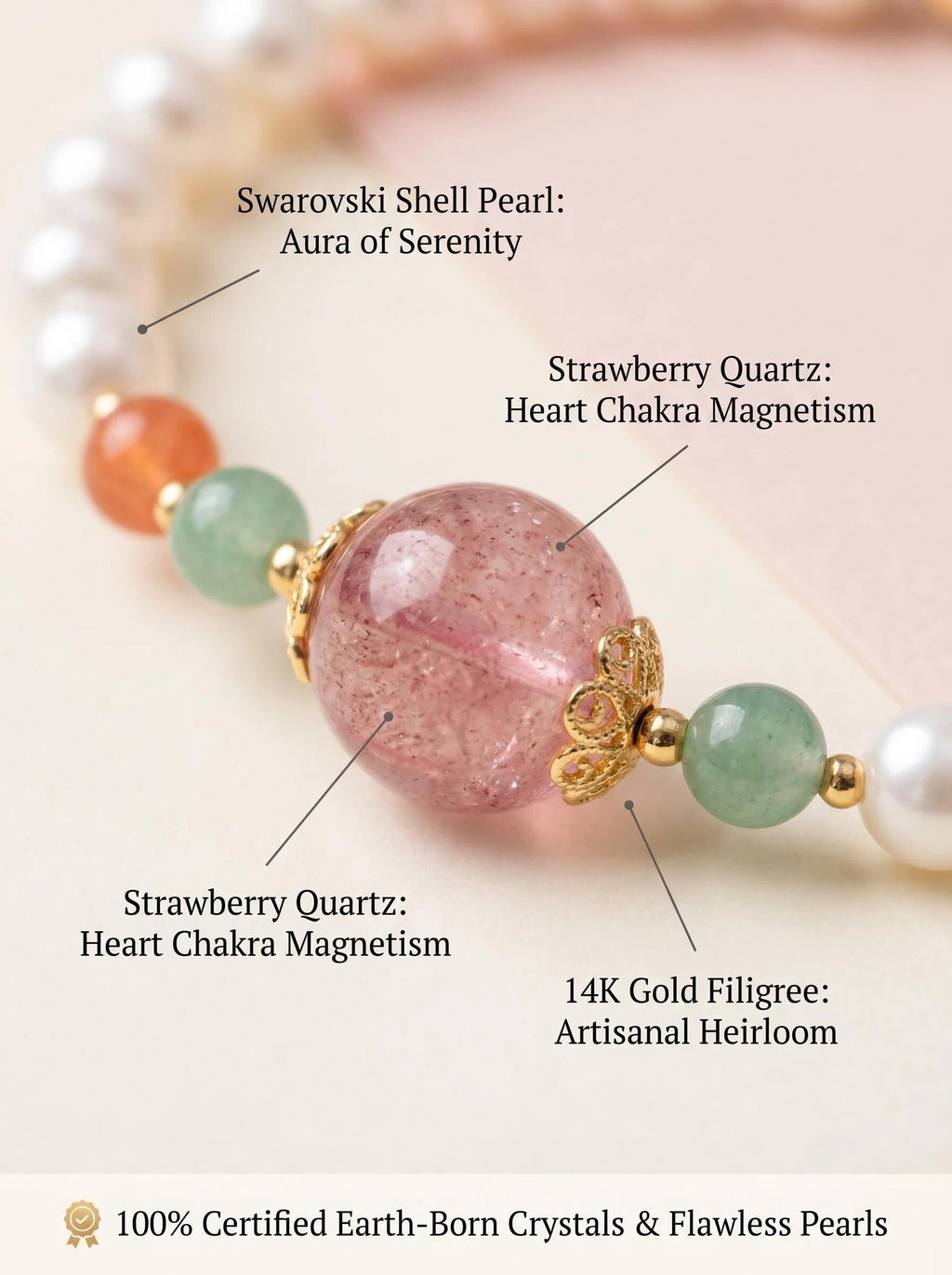 Macro close-up of red strawberry quartz
green strawberry quartz and Swarovski pearl beads
with green teardrop pendant in Pearl & Bloom bracelet,
heart chakra healing stones showing natural pink and green tones