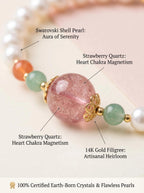 Macro close-up of red strawberry quartz
green strawberry quartz and Swarovski pearl beads
with green teardrop pendant in Pearl & Bloom bracelet,
heart chakra healing stones showing natural pink and green tones