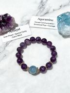 Macro close-up of amethyst bead showing deep purple banding next to a translucent aquamarine bead