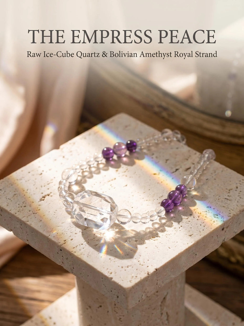 The Quiet Opulence crystal necklace with large raw freeform
clear quartz chunks and deep Bolivian amethyst beads,
luxury statement crystal necklace
on dark charcoal velvet surface