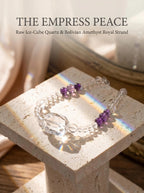The Quiet Opulence crystal necklace with large raw freeform
clear quartz chunks and deep Bolivian amethyst beads,
luxury statement crystal necklace
on dark charcoal velvet surface