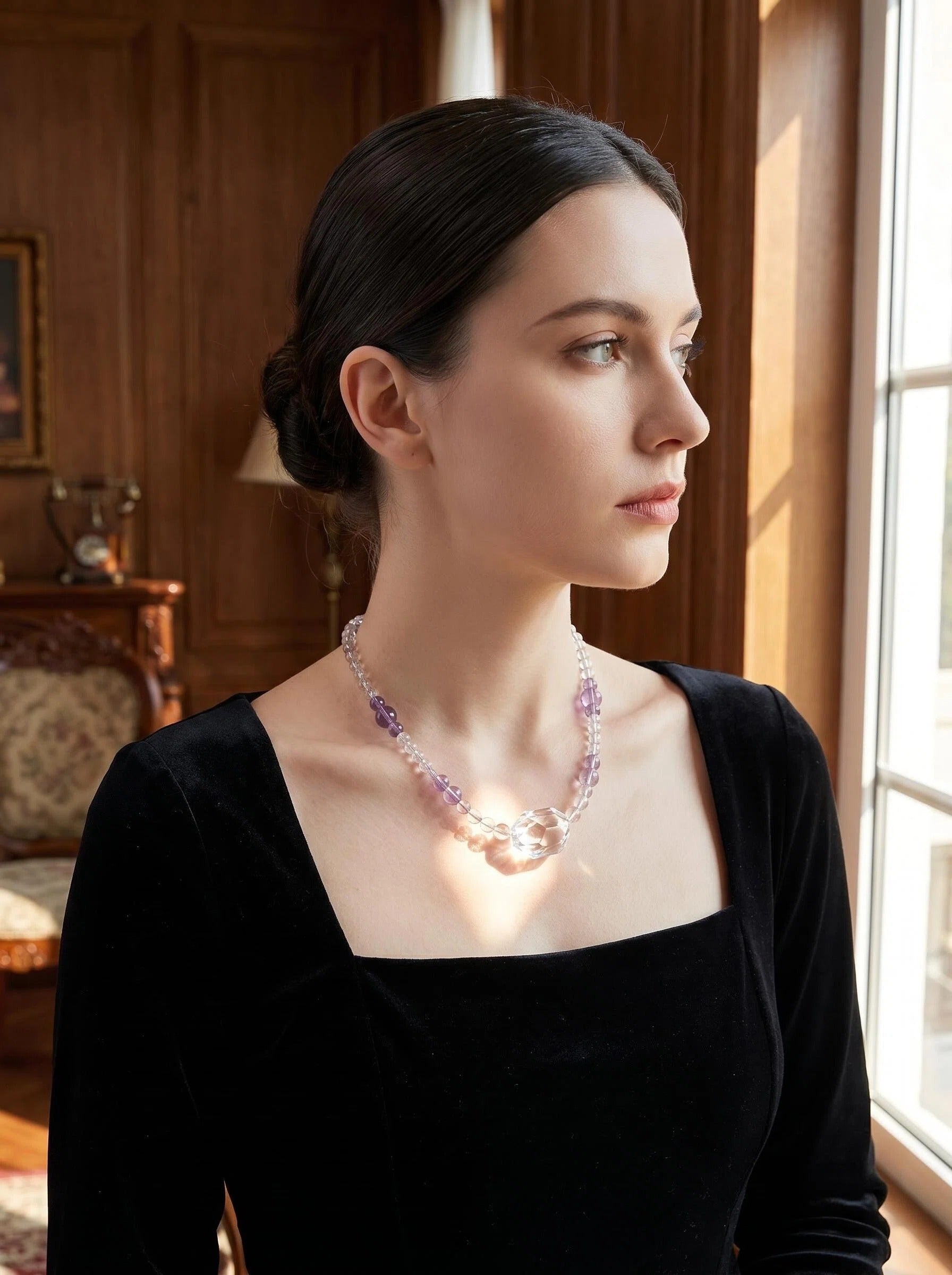 Woman wearing Quiet Opulence crystal necklace
with large clear quartz and Bolivian amethyst,
face not shown only neck and collarbone visible,
luxury editorial crystal jewelry lifestyle photography