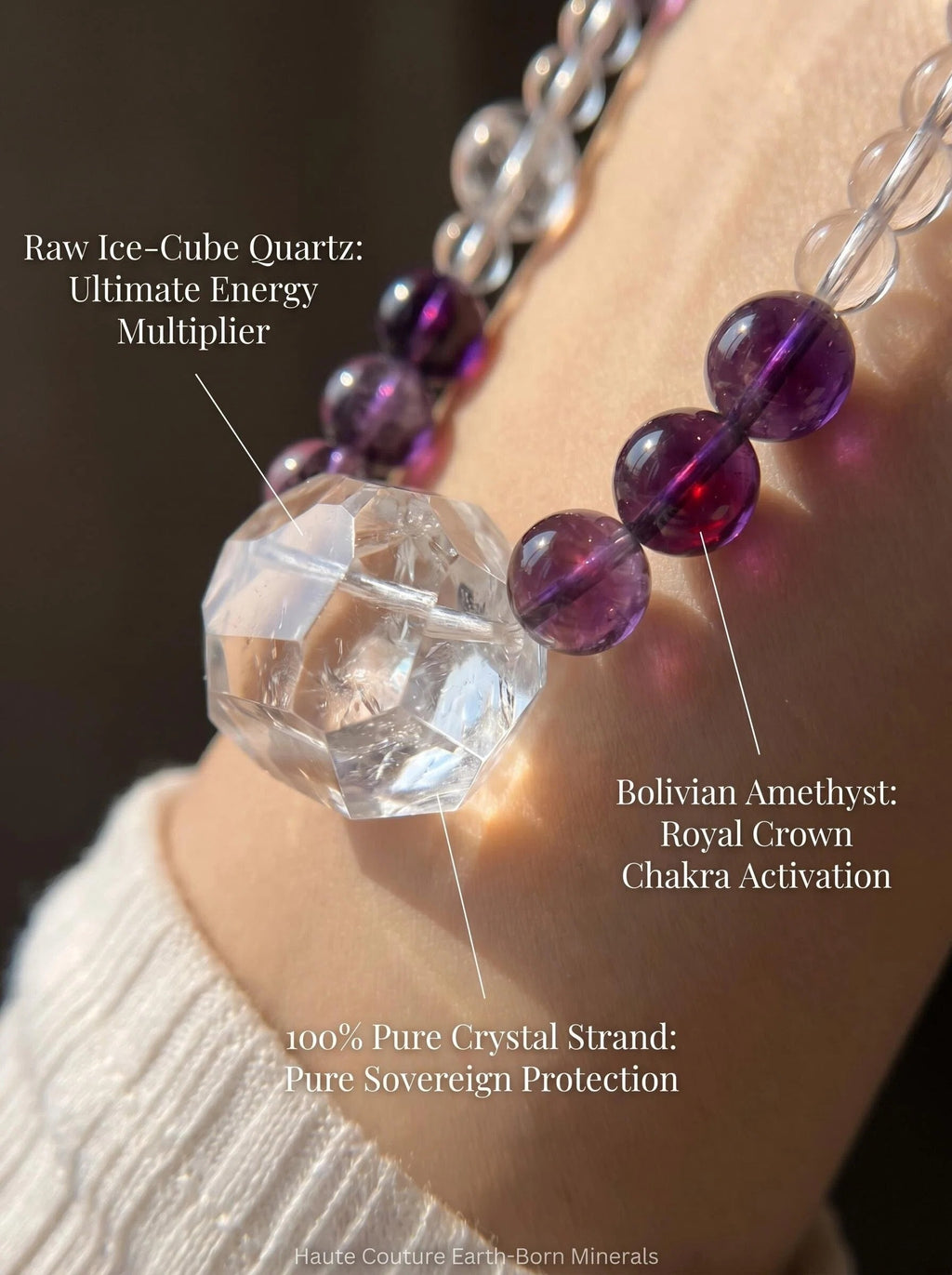 Macro close-up of large raw freeform clear quartz
and deep purple Bolivian amethyst beads
in Quiet Opulence necklace,
crown chakra third eye healing stones
showing ice clarity and deep violet saturation