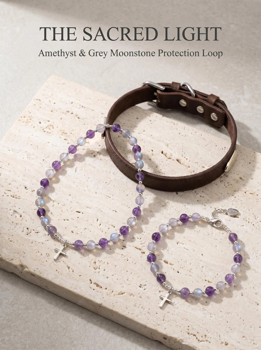 The Sacred Light crystal bracelet with amethyst
grey moonstone beads and silver cross charm,
divine protection intuition bracelet
on soft purple fabric surface
