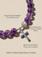 Macro close-up of grey moonstone amethyst beads
and silver cross charm in Sacred Light bracelet,
crown chakra third eye healing stones
showing purple and grey blue tones