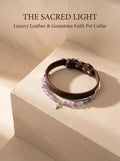 The Sacred Light pet collar with amethyst
grey moonstone beads and silver cross charm
on brown leather base,
luxury divine protection crystal collar
for cats and all dog sizes
