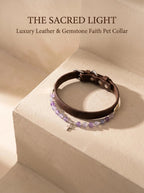 The Sacred Light pet collar with amethyst
grey moonstone beads and silver cross charm
on brown leather base,
luxury divine protection crystal collar
for cats and all dog sizes