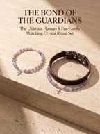 The Sacred Light matching set with human crystal bracelet
and pet collar both showing amethyst grey moonstone
and silver cross charm,
divine protection matching crystal set flat lay