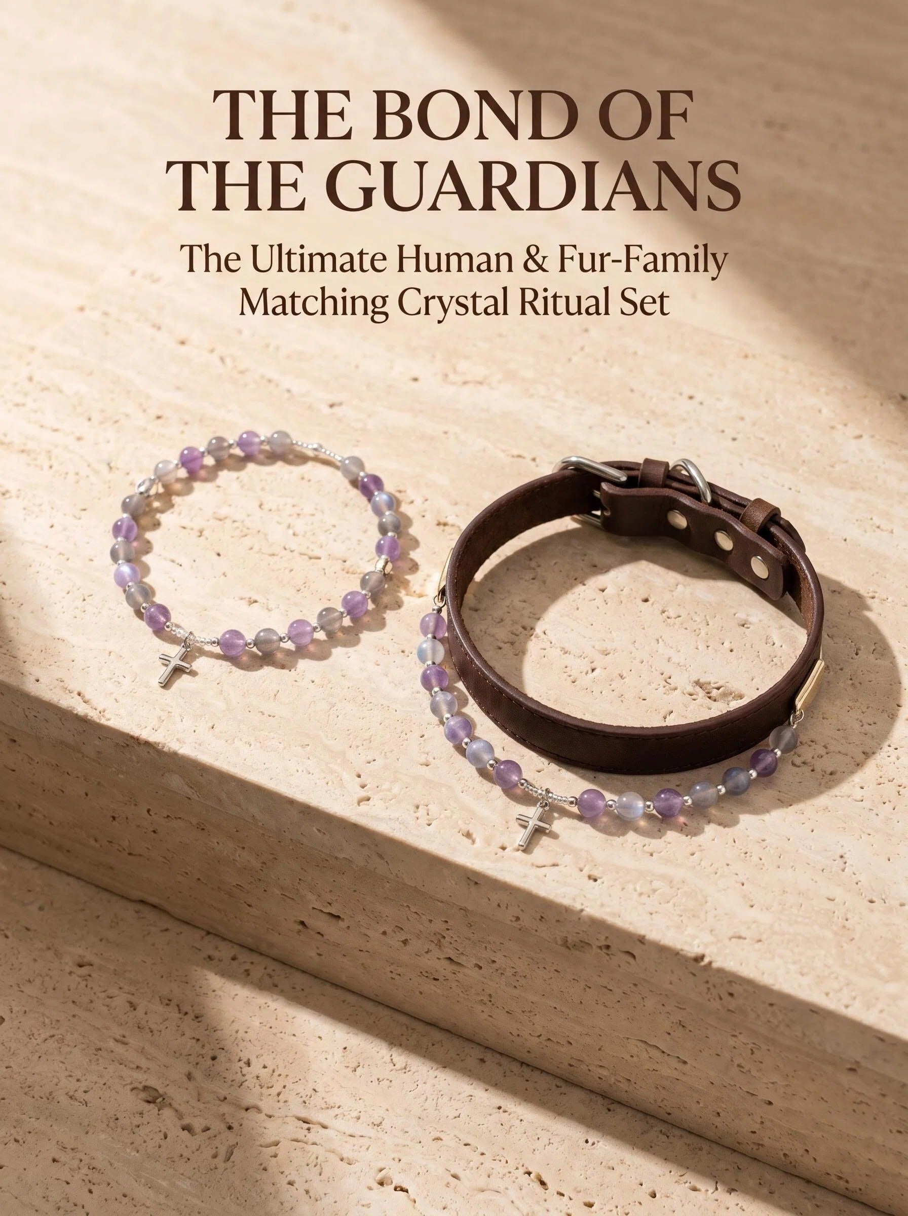 The Sacred Light matching set with human crystal bracelet
and pet collar both showing amethyst grey moonstone
and silver cross charm,
divine protection matching crystal set flat lay