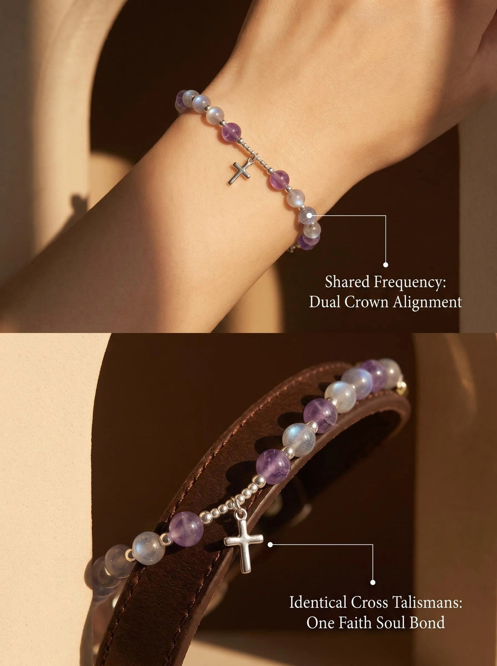 Sacred Light bracelet and pet collar side by side
showing matching amethyst moonstone
and silver cross charm,
same divine protection frequency for human and pet