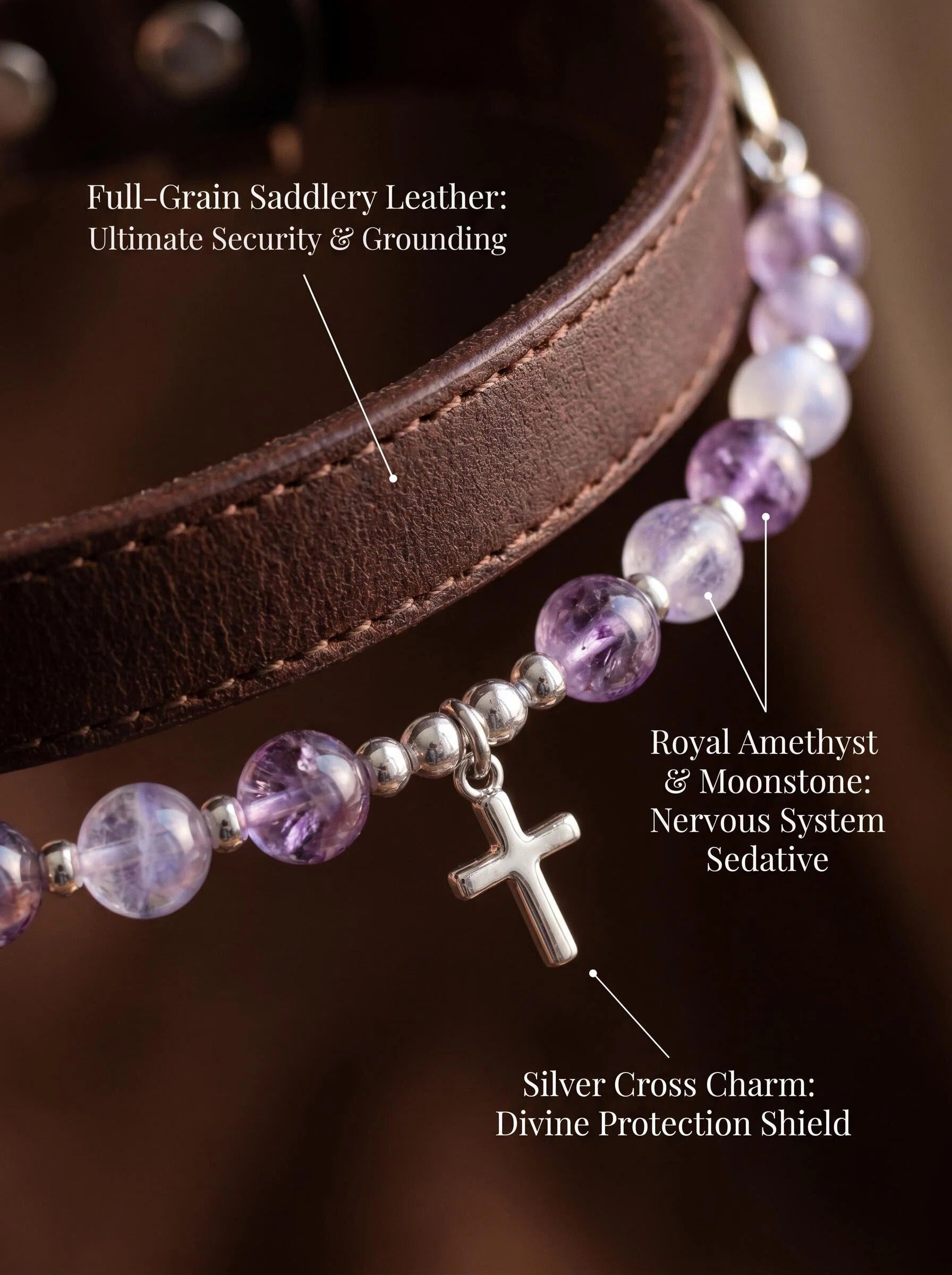 Close-up of Sacred Light pet collar showing
amethyst grey moonstone beads
and silver cross charm pendant detail,
luxury spiritual crystal pet jewelry