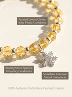 Macro close-up of pure lemon citrine beads
in Solar Guardian bracelet showing golden translucency,
solar plexus chakra wealth healing stone detail