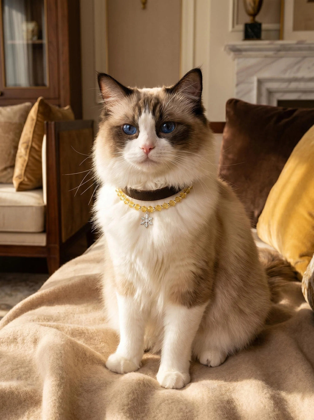 Cat wearing Solar Guardian pure lemon citrine leather collar
with gold hardware,
soft warm light luxury pet lifestyle photography