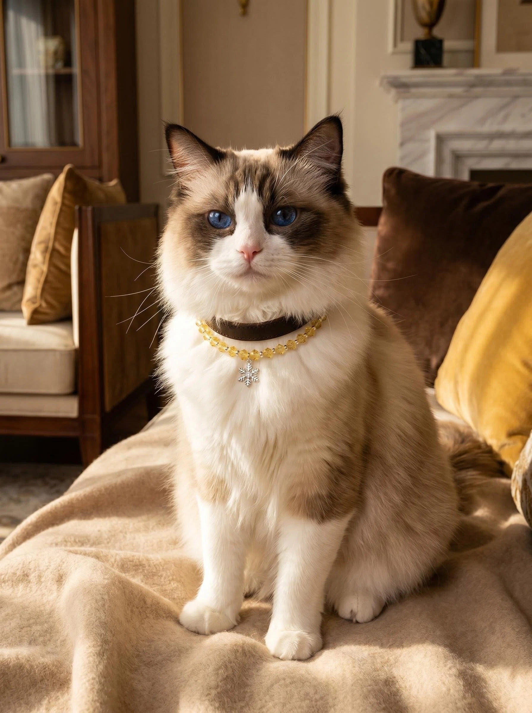 Cat wearing Solar Guardian pure lemon citrine leather collar
with gold hardware,
soft warm light luxury pet lifestyle photography