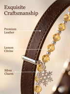 Close-up of Solar Guardian lemon citrine crystal strand
being attached to leather pet collar,
gold clasp detail and citrine bead clarity visible,
detachable crystal pet collar