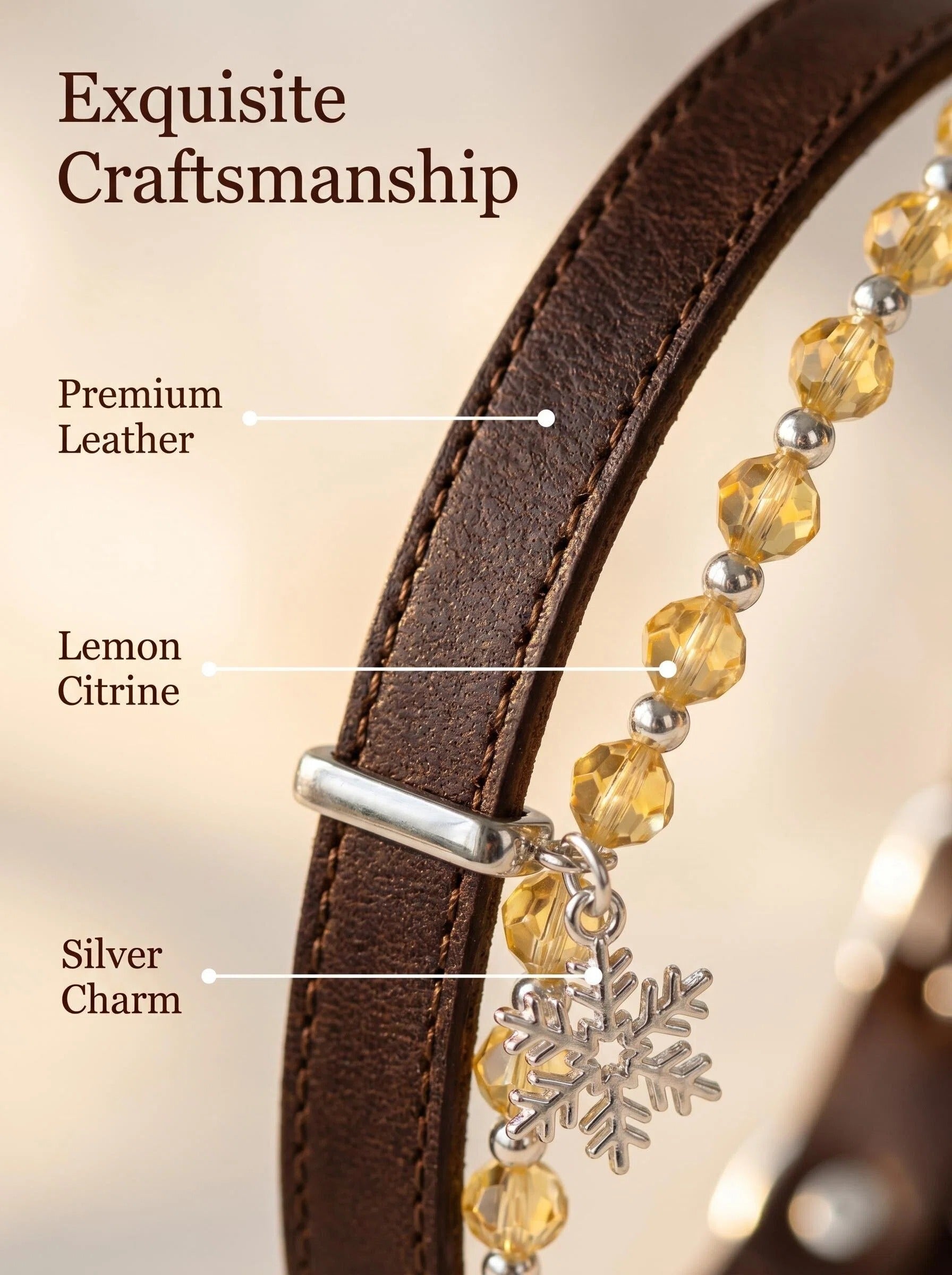 Close-up of Solar Guardian lemon citrine crystal strand
being attached to leather pet collar,
gold clasp detail and citrine bead clarity visible,
detachable crystal pet collar