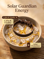 Solar Guardian citrine pet collar on selenite charging plate
with palo santo and citrine cluster,
luxury crystal pet collar cleansing ritual