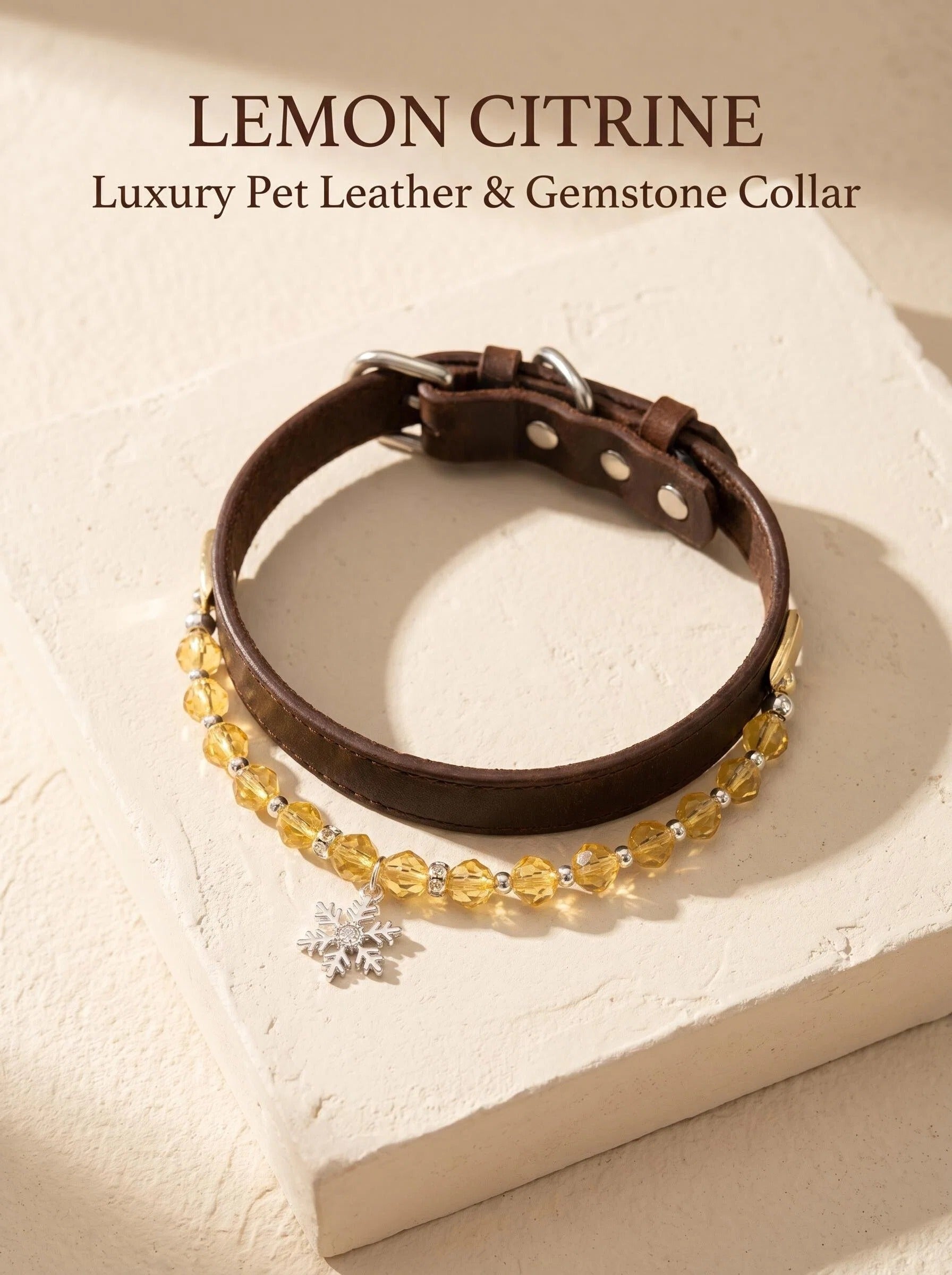 The Solar Guardian pure lemon citrine pet collar
on brown genuine leather with gold hardware
and detachable crystal strand,
luxury citrine collar for cats and all dog sizes