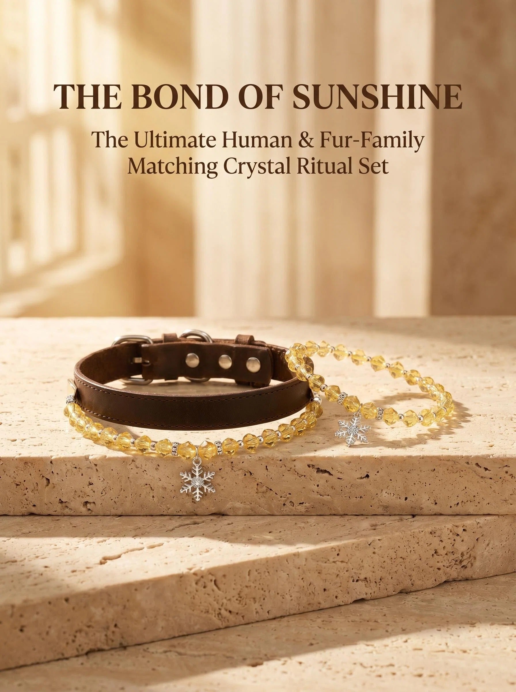 The Solar Guardian matching set with pure lemon citrine
human bracelet and pet collar flat lay,
solar wealth crystal set for humans and all pet sizes
