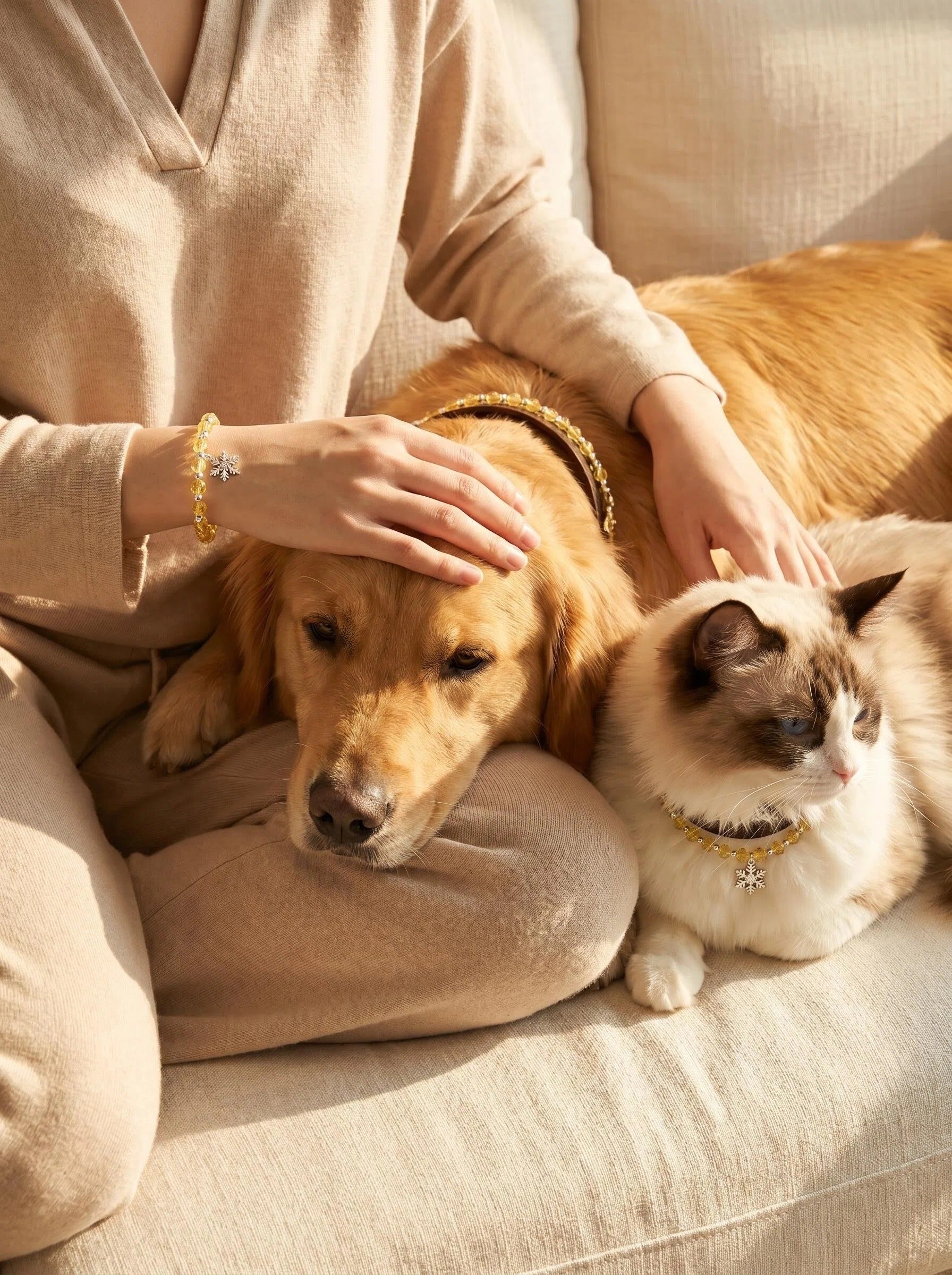 Woman's wrist wearing Solar Guardian citrine bracelet
with pet wearing matching citrine collar,
human and pet matching solar crystal set lifestyle