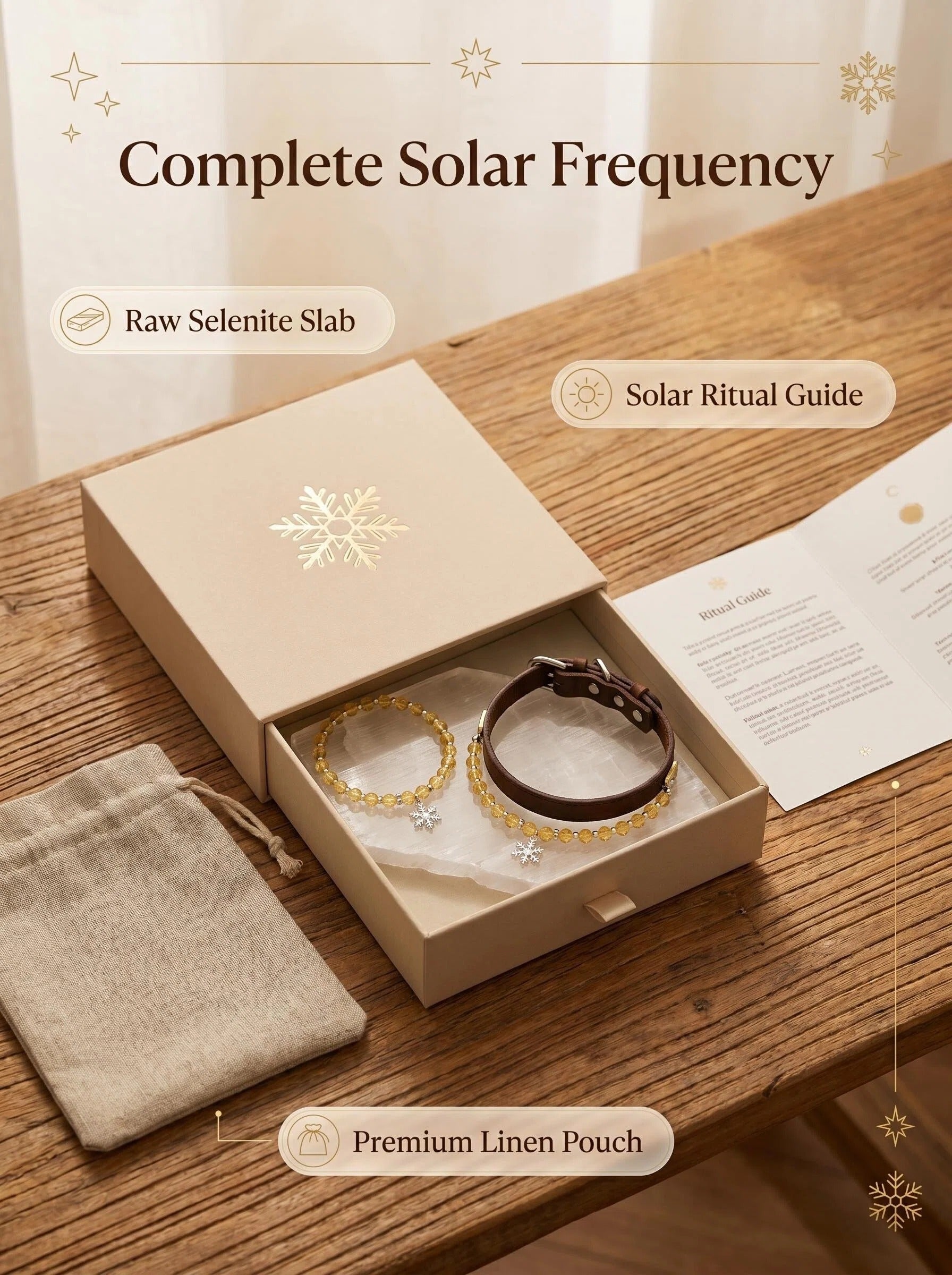 Solar Guardian matching set bracelet and pet collar
on selenite charging plate with palo santo,
solar wealth crystal set cleansing ritual golden tones