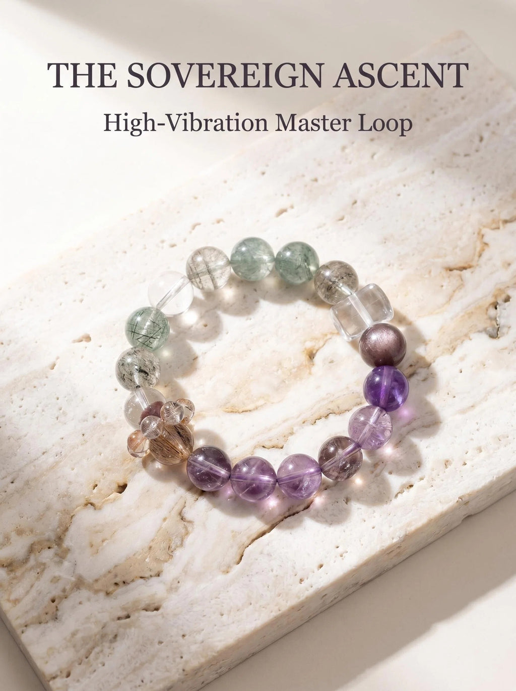 The Sovereign Ascent crystal bracelet with amethyst kunzite
black gold super seven green phantom
and green rutilated quartz beads,
high frequency spiritual growth bracelet
on dark charcoal slate surface