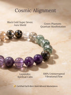 Macro close-up of black gold super seven
green phantom quartz and amethyst beads
in Sovereign Ascent bracelet,
seven mineral matrix and phantom inclusions visible,
high vibration all chakra healing stones