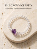 The Still Mind crystal bracelet with deep purple amethyst
and clear quartz geometric wheel disc beads,
crown chakra sleep and anxiety relief bracelet
on dark slate surface