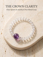 The Still Mind crystal bracelet with deep purple amethyst
and clear quartz geometric wheel disc beads,
crown chakra sleep and anxiety relief bracelet
on dark slate surface