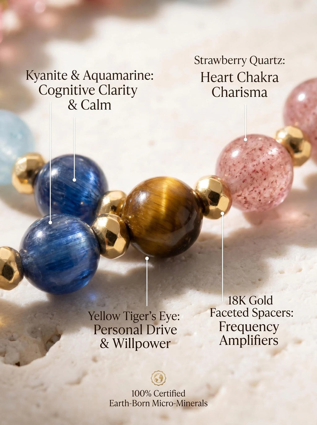 Macro close-up of strawberry quartz blue kyanite 
and red agate beads in Vitality Grace bracelet, 
heart chakra throat chakra root chakra healing stones 
showing natural color and texture