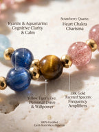 Macro close-up of strawberry quartz blue kyanite 
and red agate beads in Vitality Grace bracelet, 
heart chakra throat chakra root chakra healing stones 
showing natural color and texture