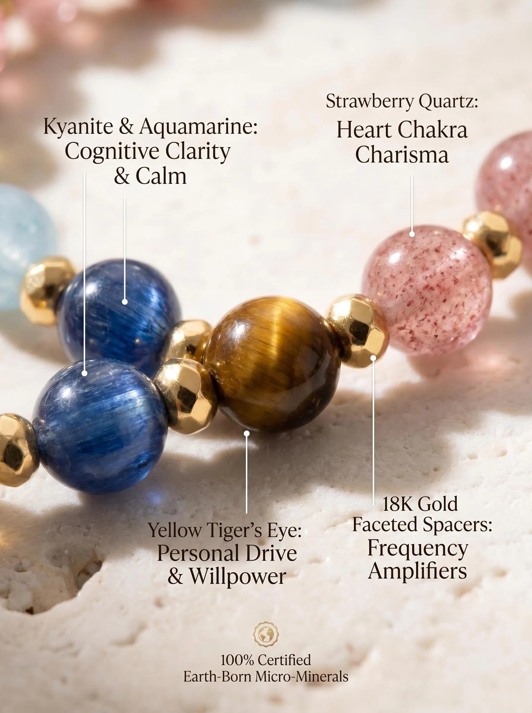 Macro close-up of strawberry quartz blue kyanite 
and red agate beads in Vitality Grace bracelet, 
heart chakra throat chakra root chakra healing stones 
showing natural color and texture