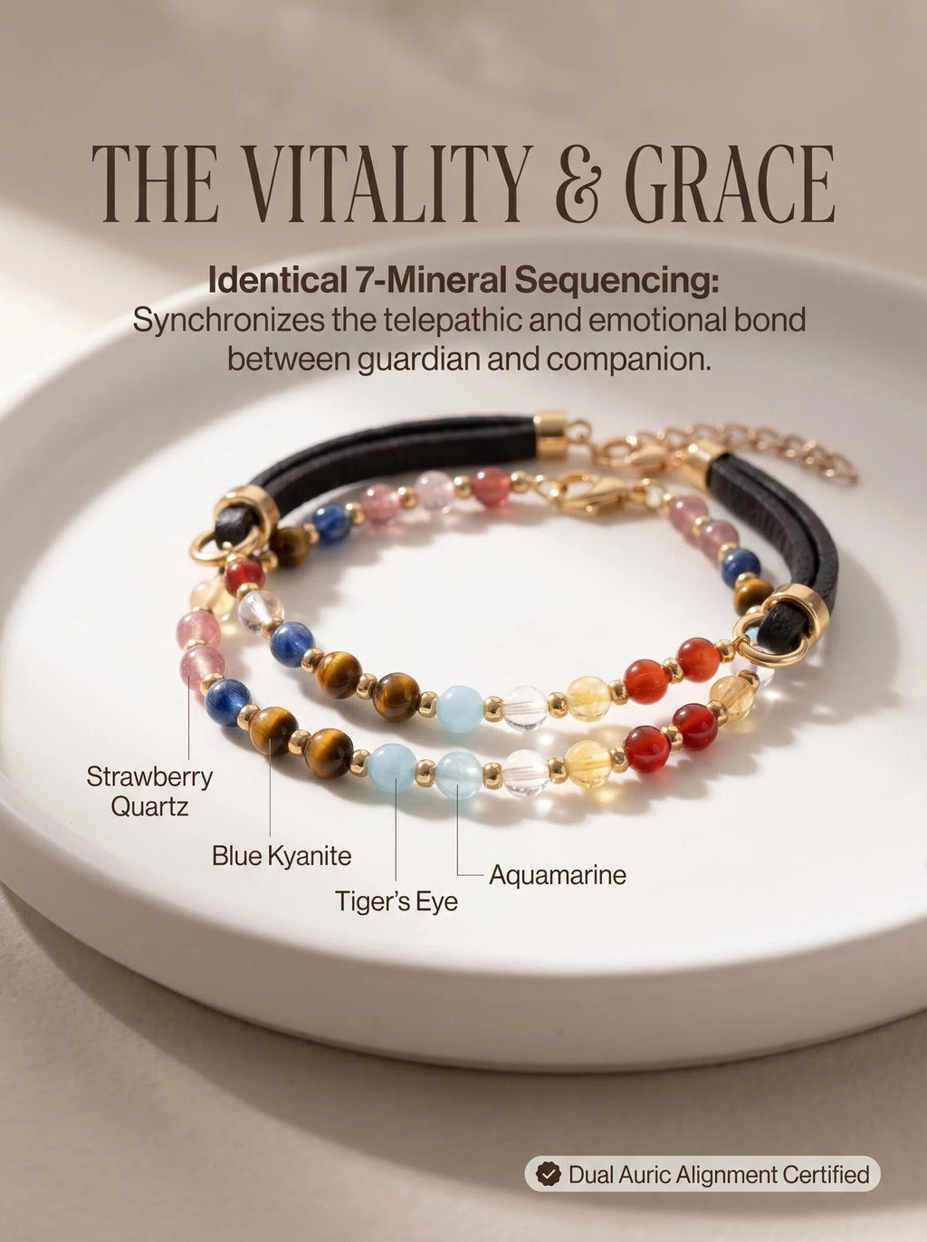 Vitality Grace matching set human crystal bracelet 
and pet collar with 7 healing stones 
on white marble surface, 
human and pet matching crystal jewelry flat lay