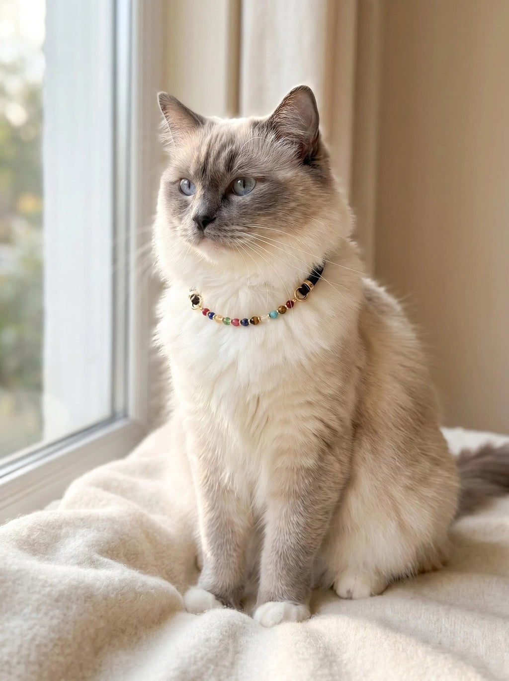 Small fluffy cat or small dog wearing Vitality Grace 
crystal collar with strawberry quartz and kyanite beads, 
soft natural light cozy home lifestyle photography