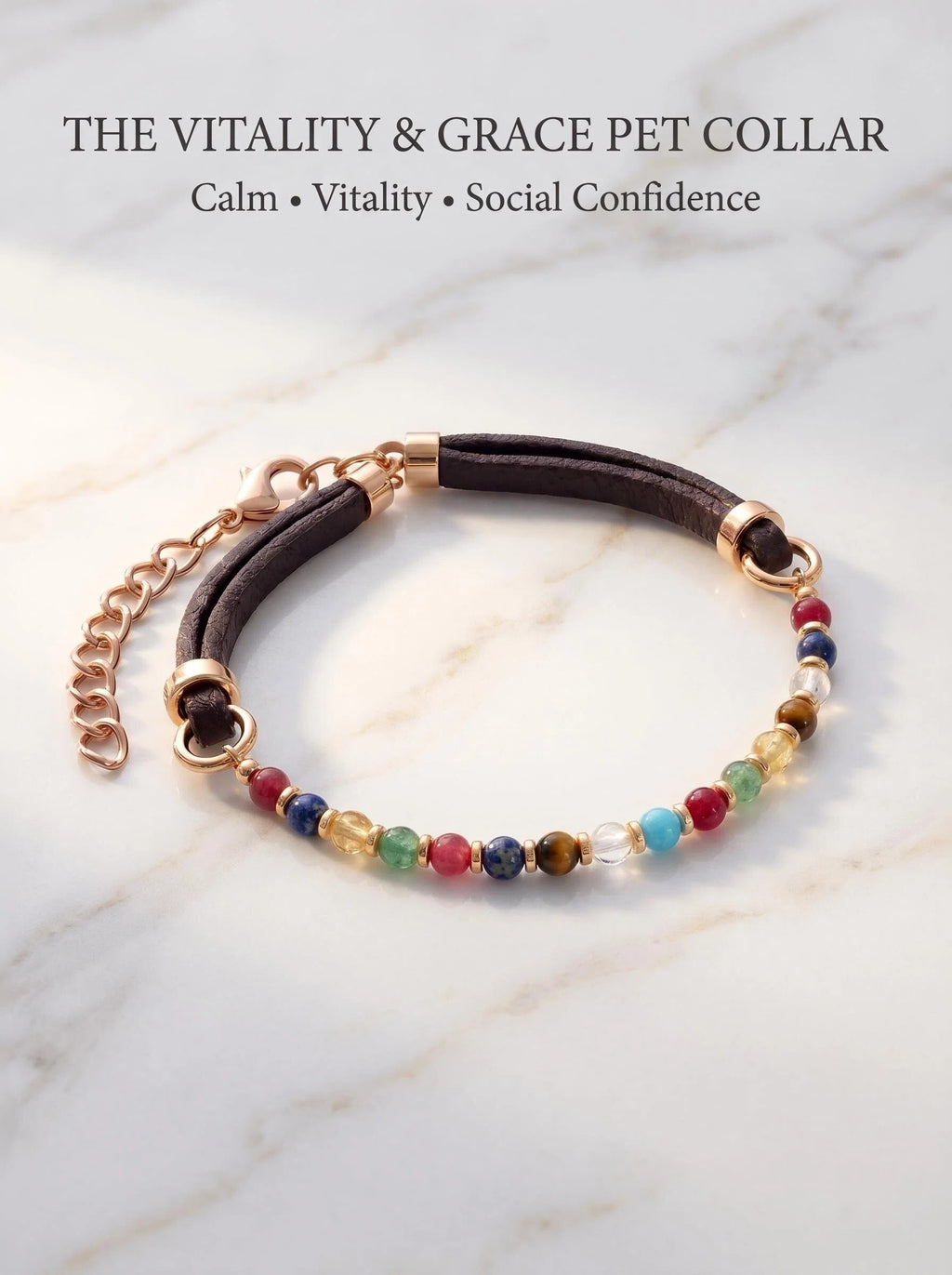The Vitality Grace pet collar with strawberry quartz 
kyanite aquamarine tiger's eye and red agate beads 
on black leather cord with rose gold hardware, 
luxury crystal collar for cats and small dogs
