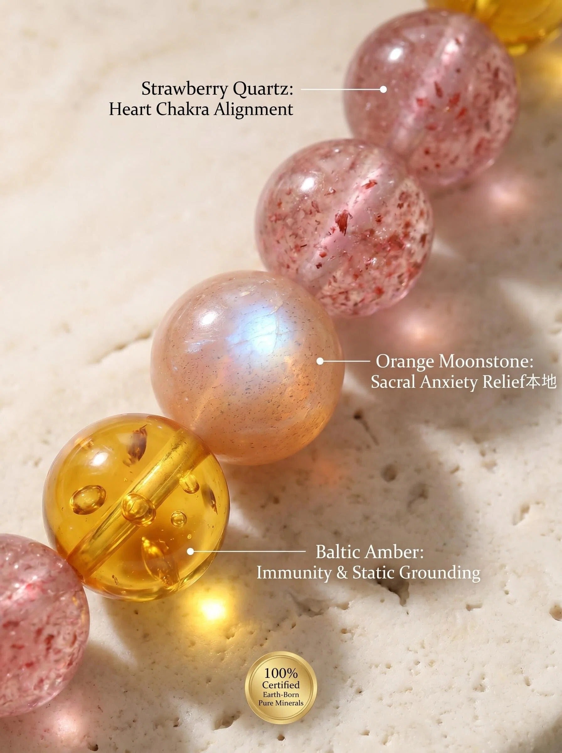 Macro close-up of orange moonstone amber
and strawberry quartz beads in Warm Light bracelet,
sacral chakra heart chakra healing stones
showing warm honey and peach tones